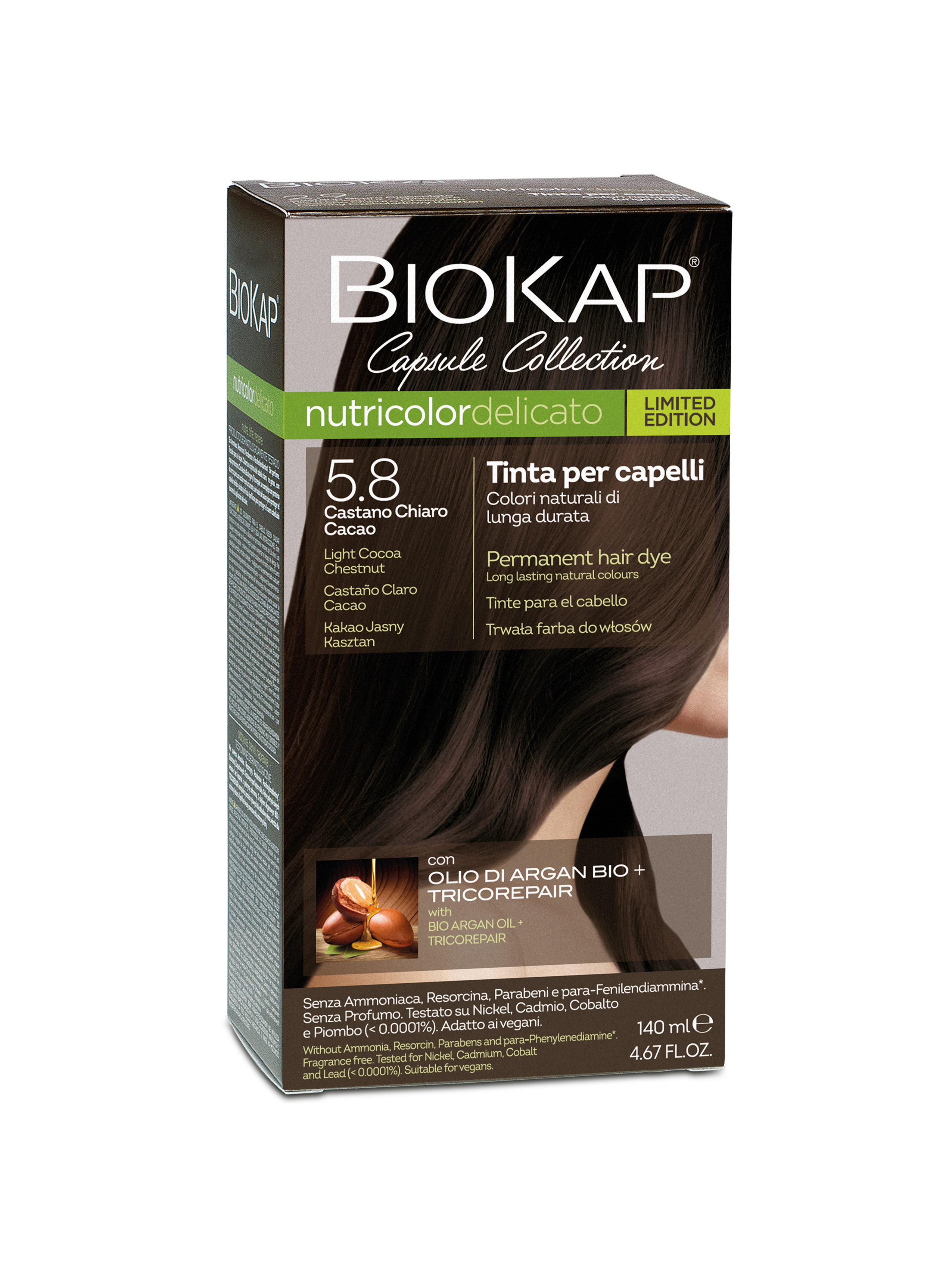 BIOKAP NUTRICOLOR DELICATO - Barva na vlasy - 5.8. Kakaově světl&#225; kaštanov&#225; 140 ml