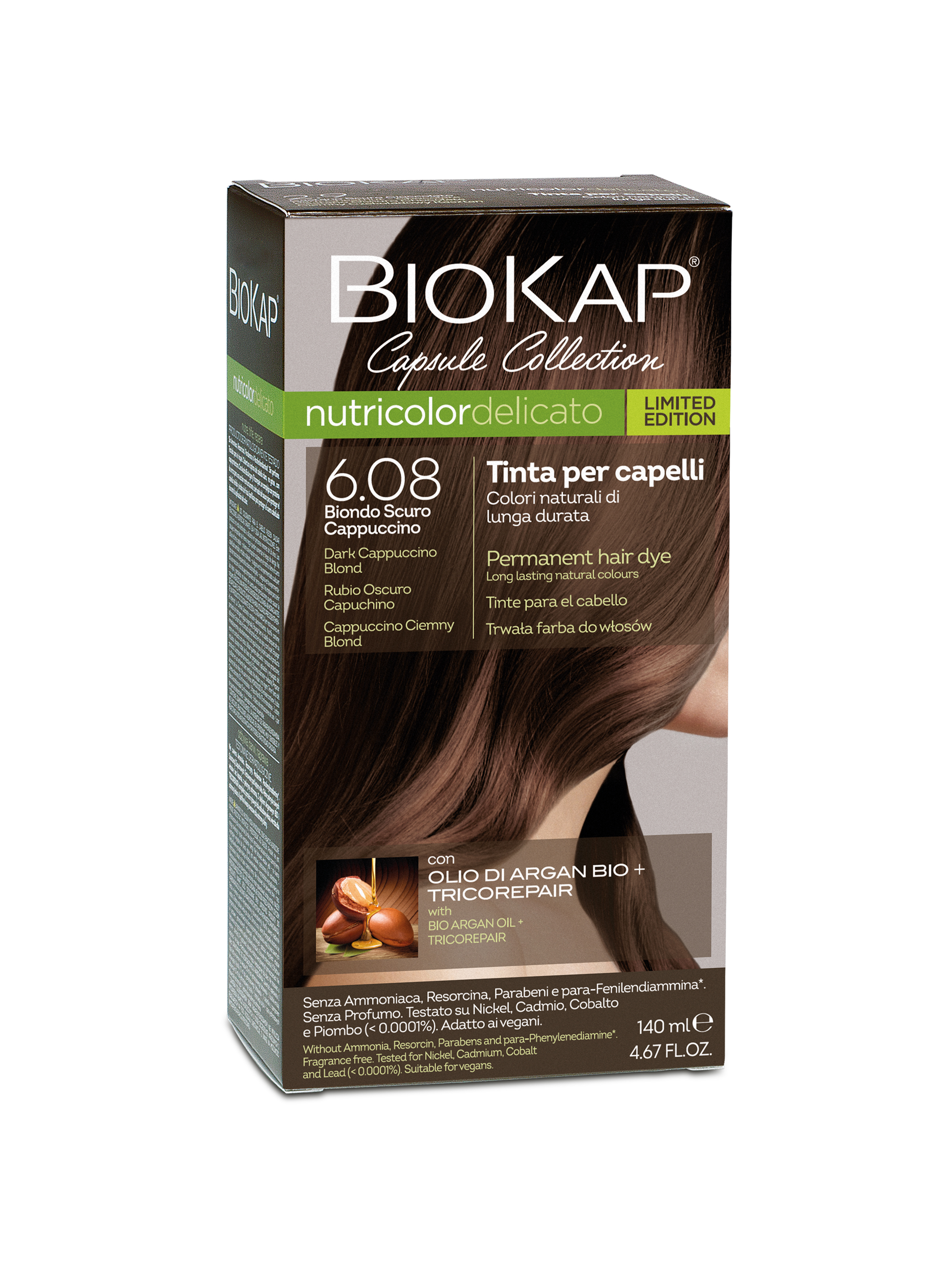 BIOKAP NUTRICOLOR DELICATO - Barva na vlasy - 6.08. Tmav&#225; blond cappuccino 140 ml