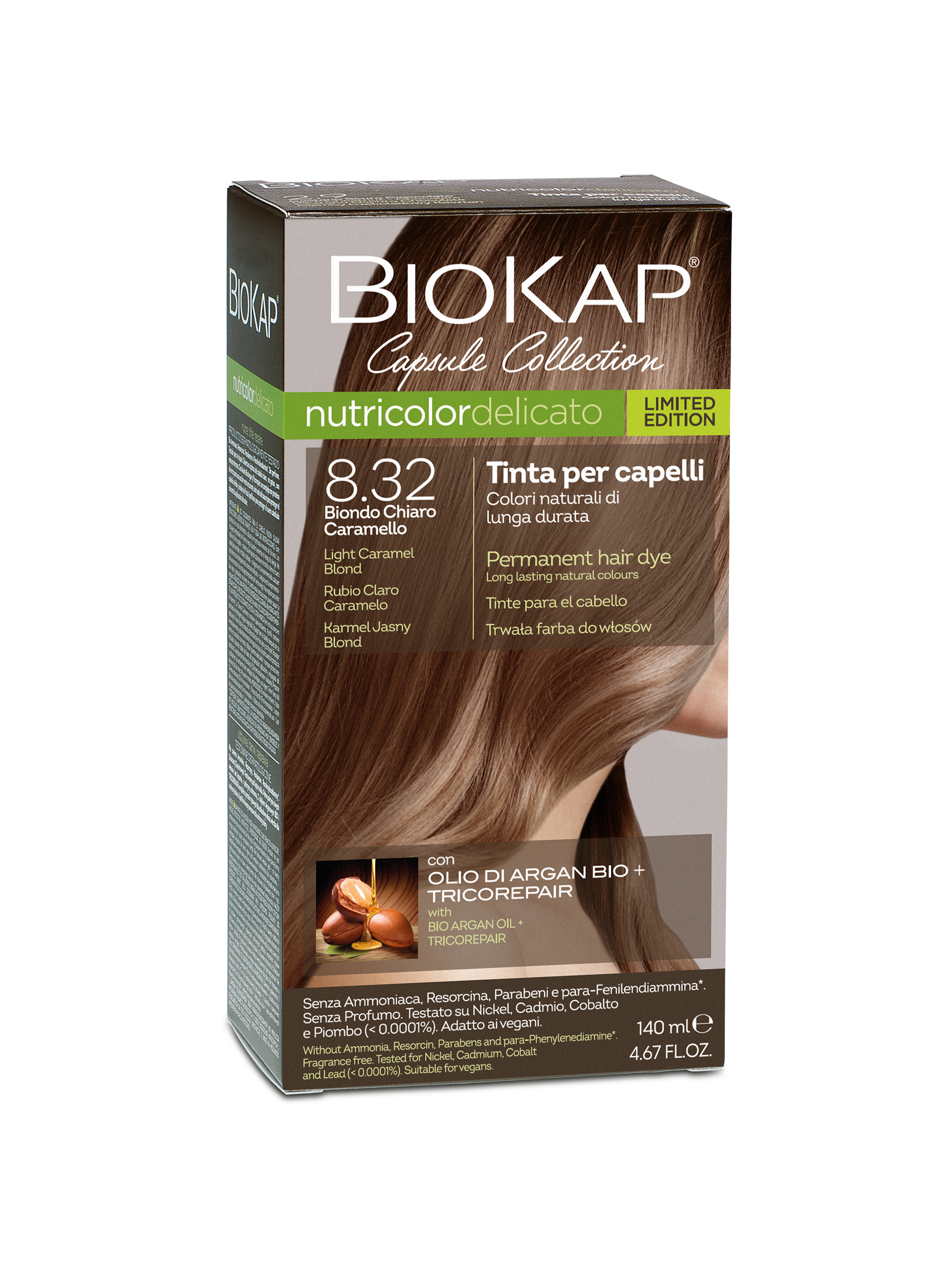 BIOKAP NUTRICOLOR DELICATO - Barva na vlasy - 8.32 Karamelov&#225; světl&#225; blond 140 ml